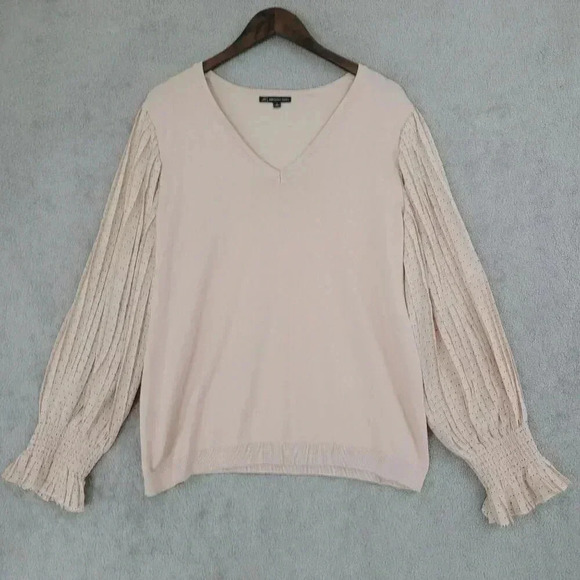 Adrianna Papell Womens XL V-Neck Sweater With Polka Dot Pleated Sleeves  5CT - Picture 1 of 7